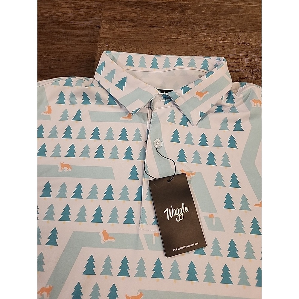 Waggle Fox Holes Polo Shirt Mens L White Green Fox‎ Print Performance Stretch